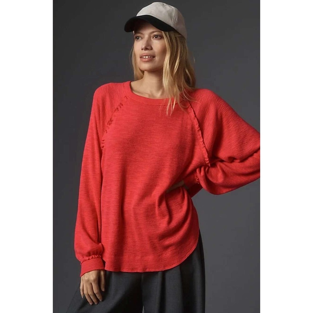 Pilcro Ruffled Raglan Thermal Top Bright Red Medium New With Tags